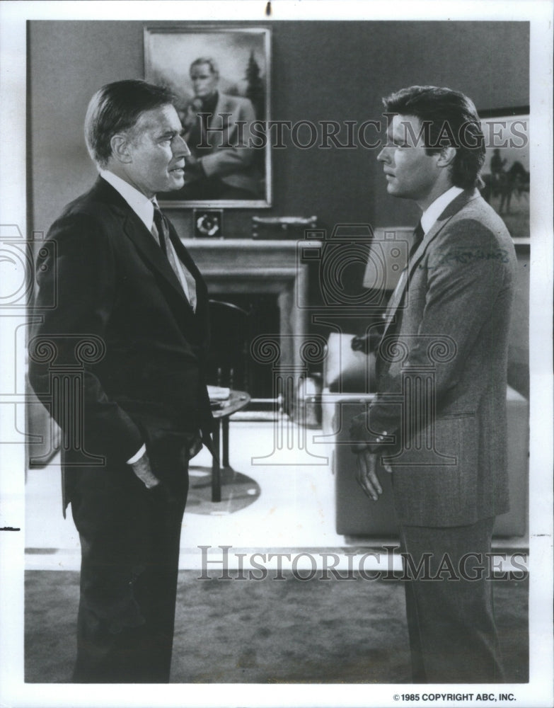 1985 Press Photo Charlton Heston John James Dynasty ABC - RRU09857 - Historic Images