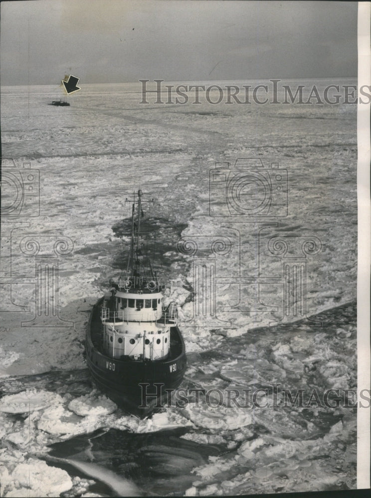 1962, Oil tanker trapped in ice in Lake Mich - RRU14961 - Historic Images