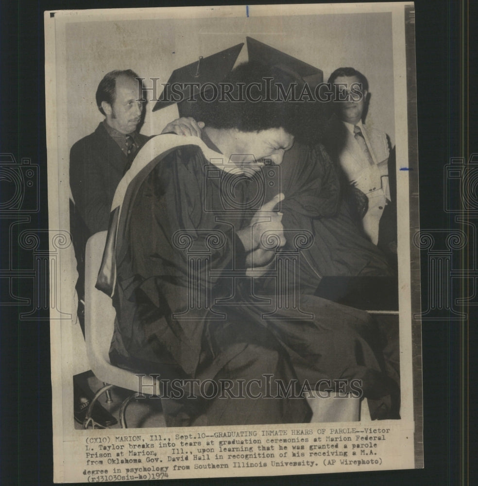 1974, Graduated Inmate Crying Gets Parole - RRU15433 - Historic Images