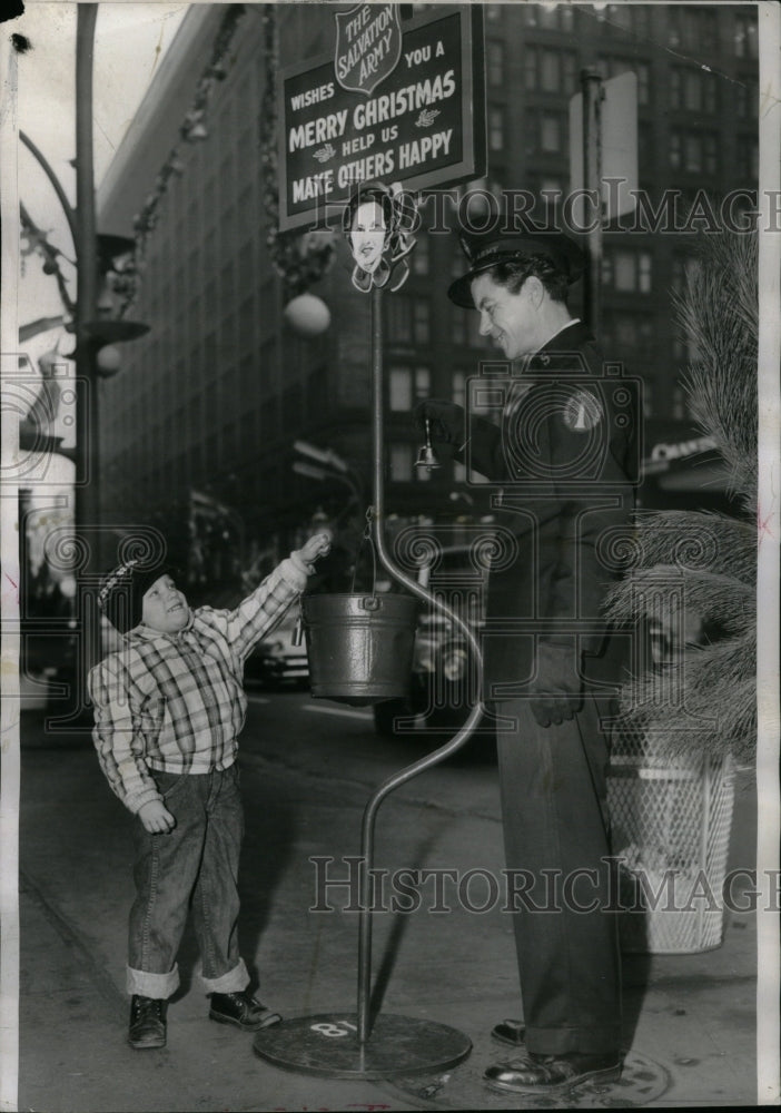 1960 Salvation Army Kettle Boy Gives - Historic Images