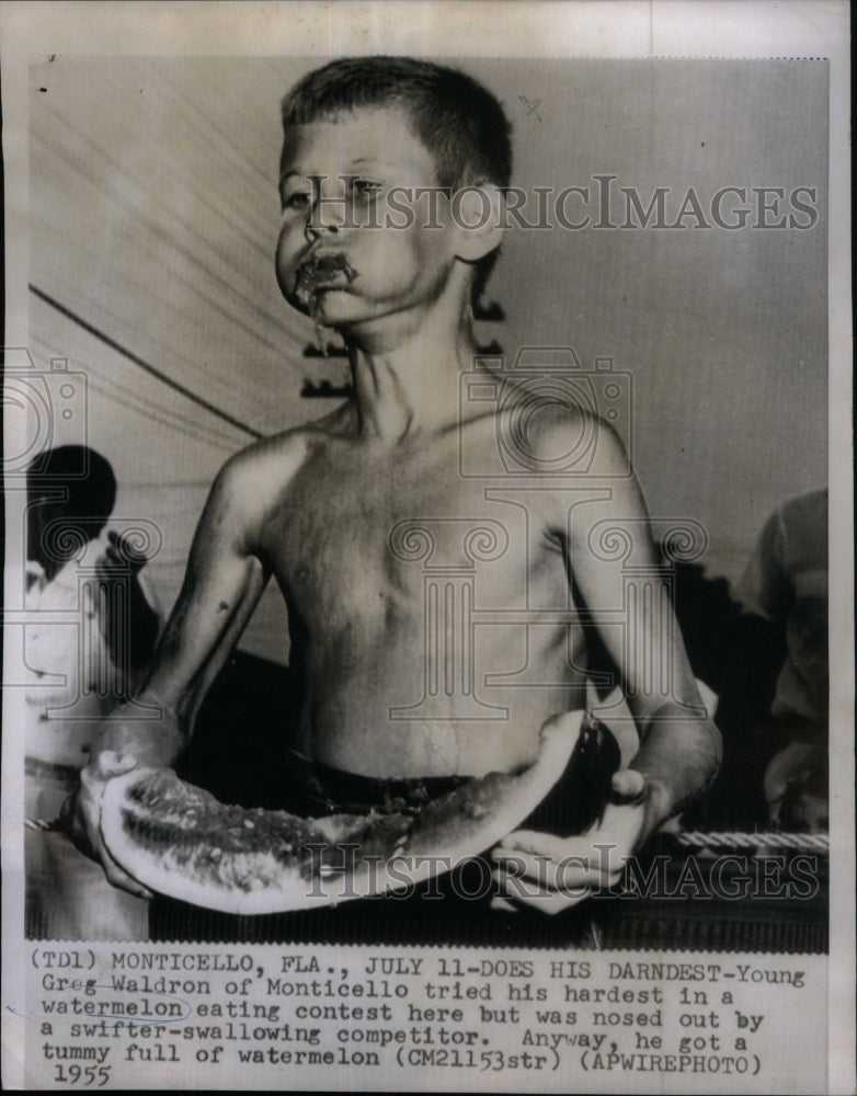 1955 Press Photo Young Boy Watermelon Eating Contest - Historic Images