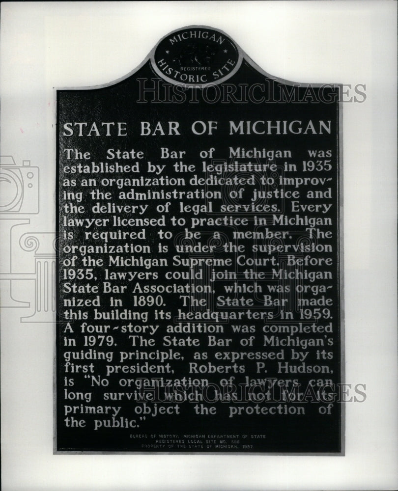 1987 Press Photo historical marker State Bar Michigan - RRU41025 - Historic Images