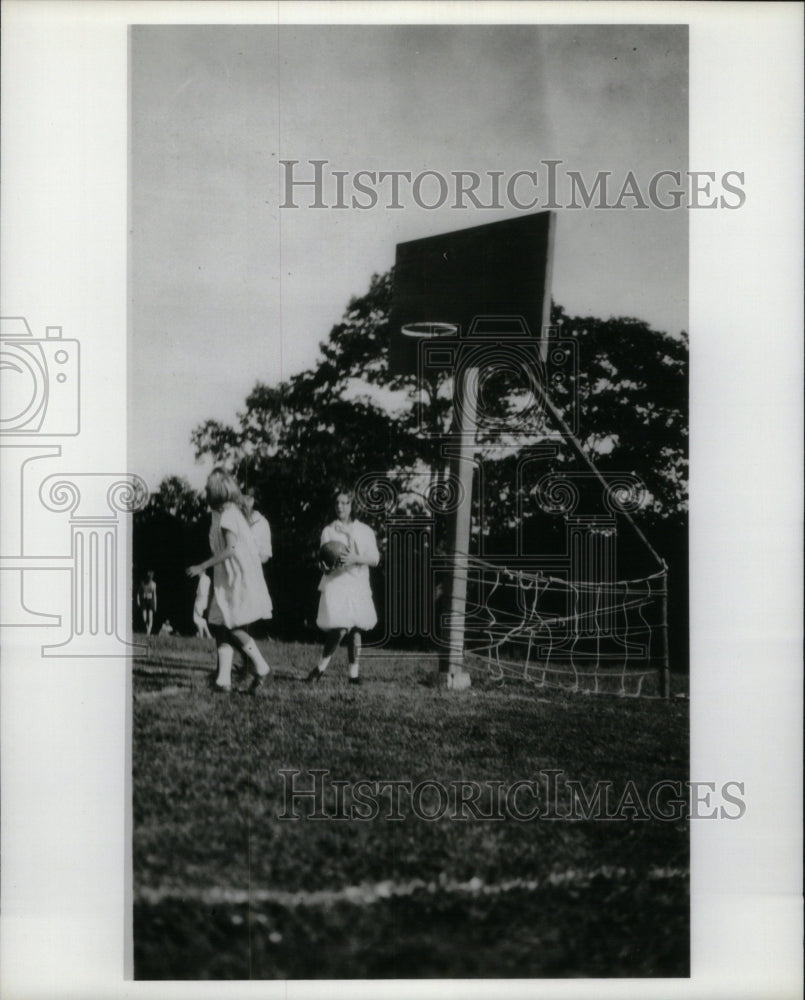 Press Photo Girls playing ball basketball game stadium - RRU45037 - Historic Images