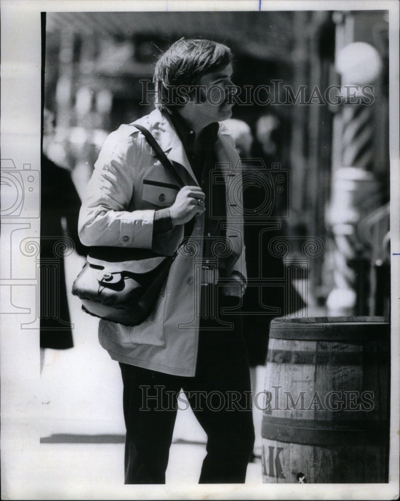 1971, Leather bag shown by manager - RRU50843 - Historic Images