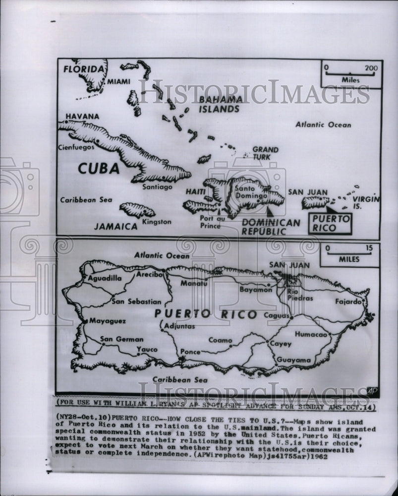 1962 Press Photo Maps show Island mainland Pureto Rico - Historic Images