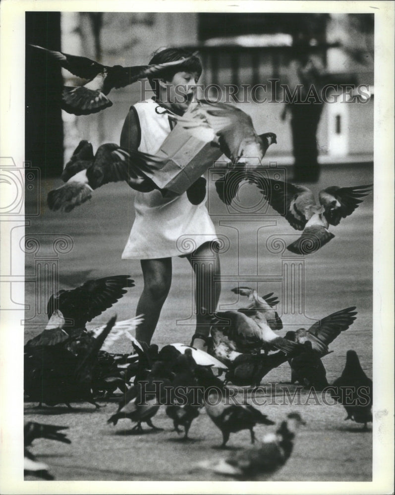 1983 Press Photo Kelly Keane Pigeons Daley Center Plaza - Historic Images