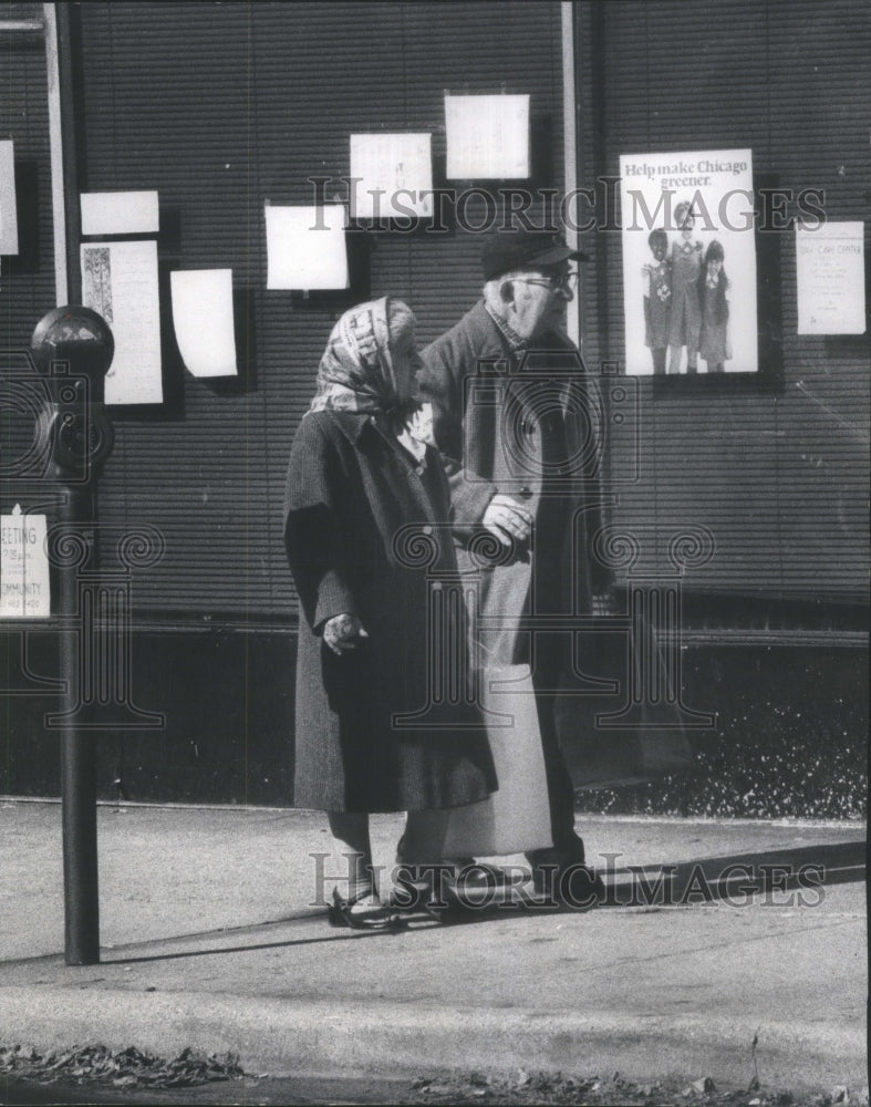 1974, Old couple walking down Albany Park. - RRU80463 - Historic Images