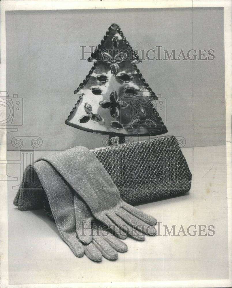 1963 Silver Gloves Jewel Toned Clutch Bag - Historic Images