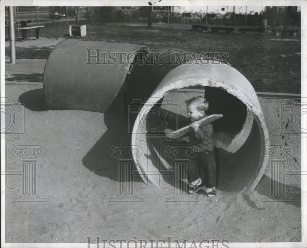 1956 Child In Detroit Playground Tunnels - Historic Images