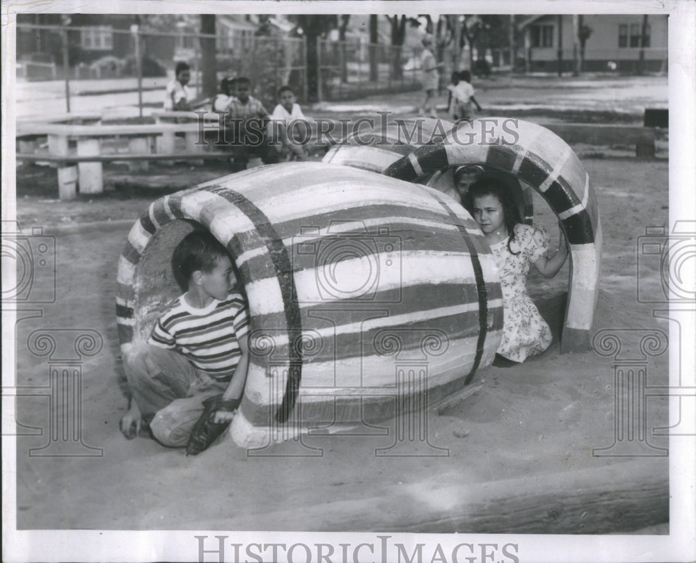 1957 Detroit Playground Kids Tunnels - Historic Images