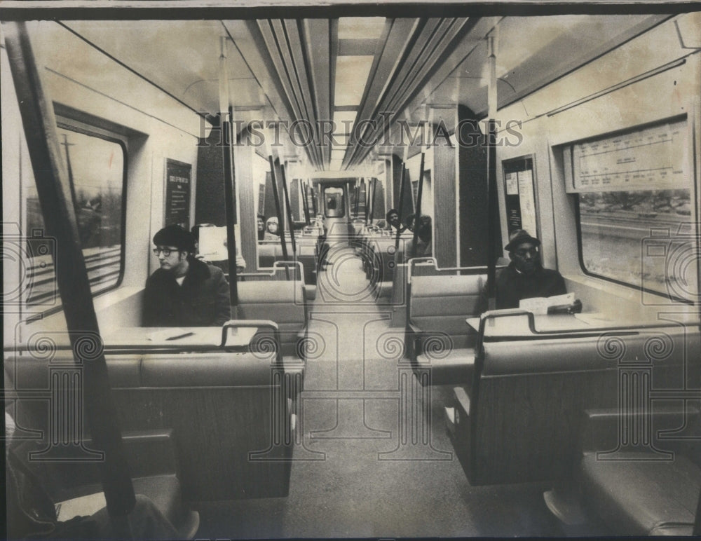 1975 Press Photo Model Transit Train Red Seats Carpet - Historic Images