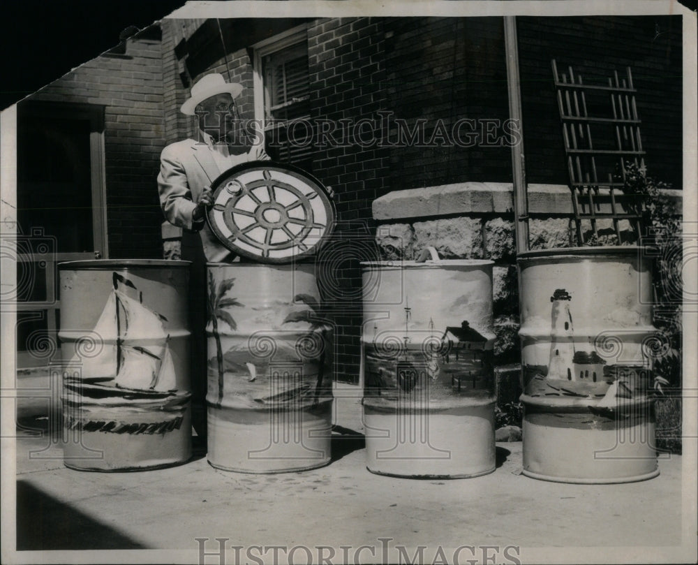 1957 Press Photo Julius Otto Painted Garbage Cans - RRU88309 - Historic Images