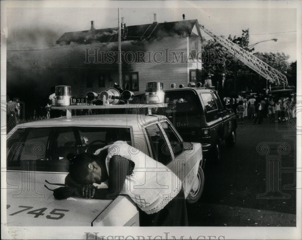 1980, House Fire Woman Distraught Firemen - RRU88695 - Historic Images