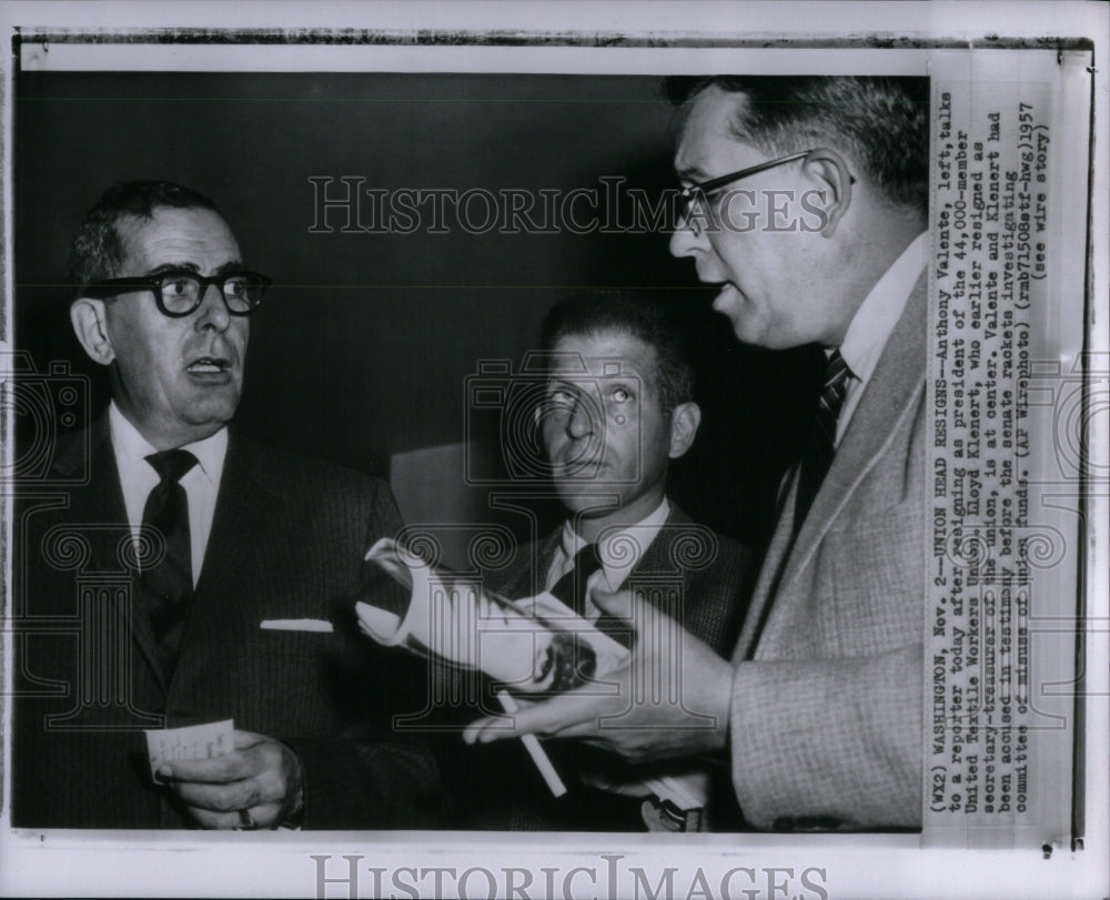 1957 Union Head Resigns Anthony Valente - Historic Images