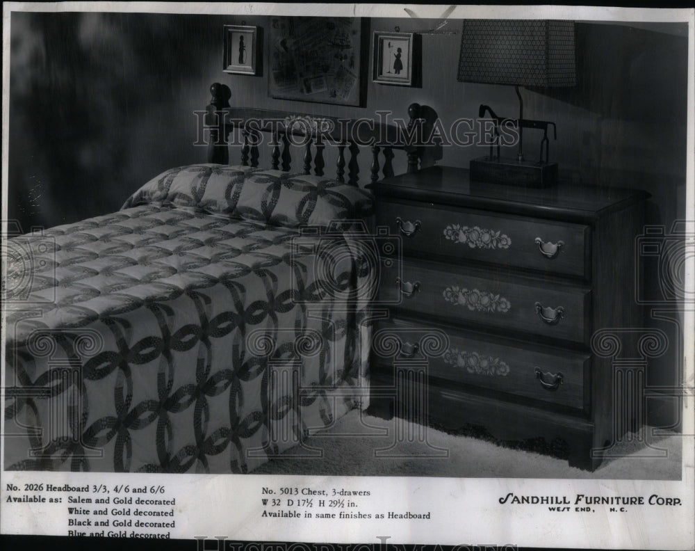 1964 Press Photo Spindle Headboard Three Drawer Chest - Historic Images