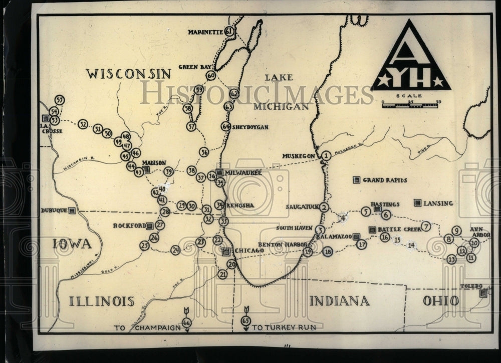 1931 American Youth Hostels Map Lake-Historic Images