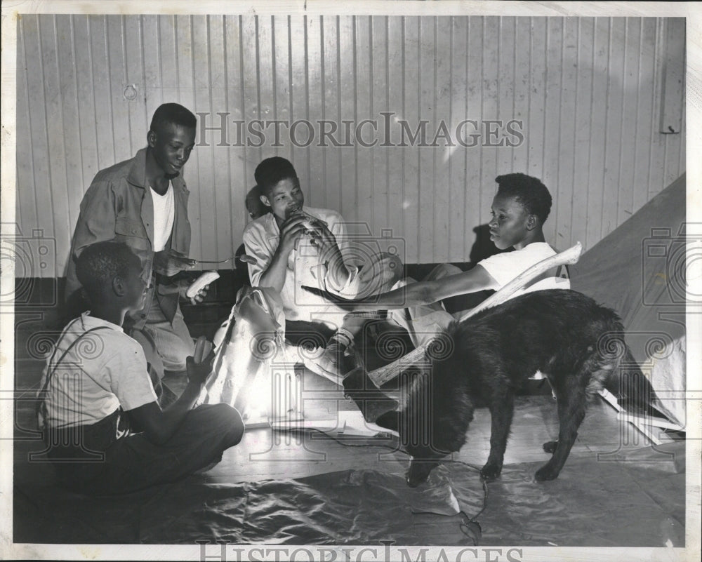 1953 Boys Club Indoors Campers Fake Fire - Historic Images