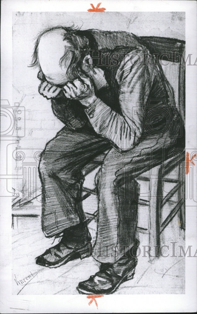 1954, Pencil Drawing Old Man Mourning Van - RRV07847 - Historic Images