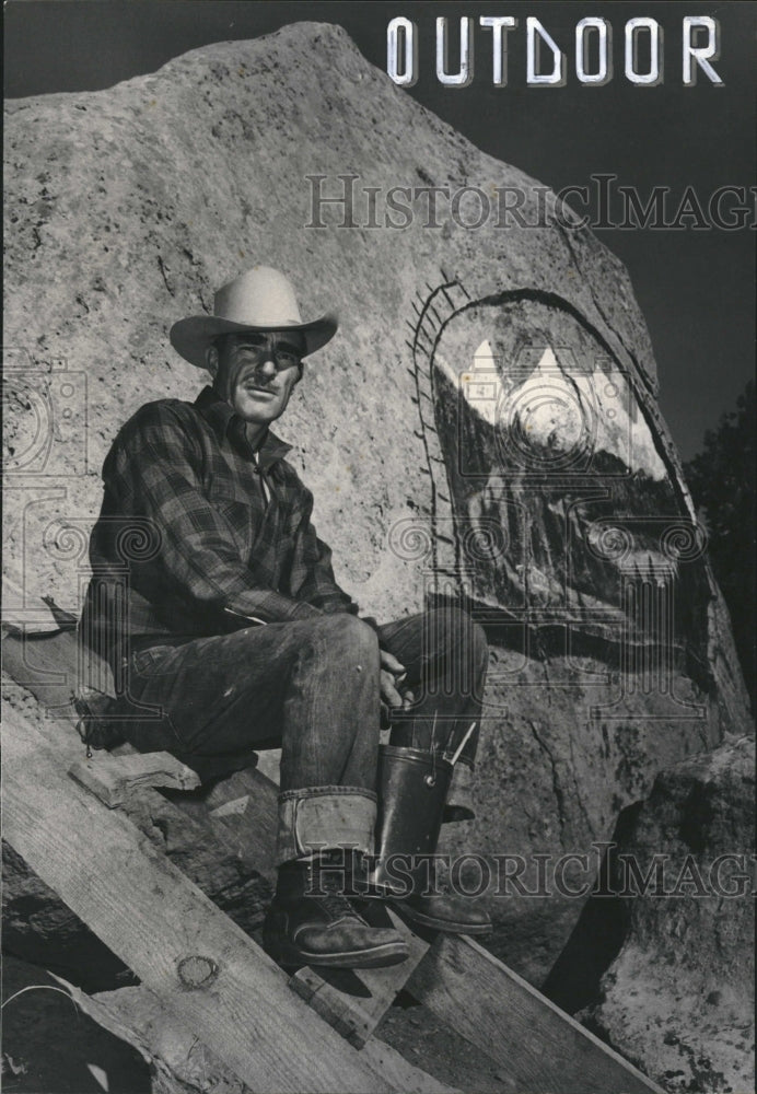 1950 Press Photo Man Painting On Rock Railroad Mountain - RRV11957 - Historic Images