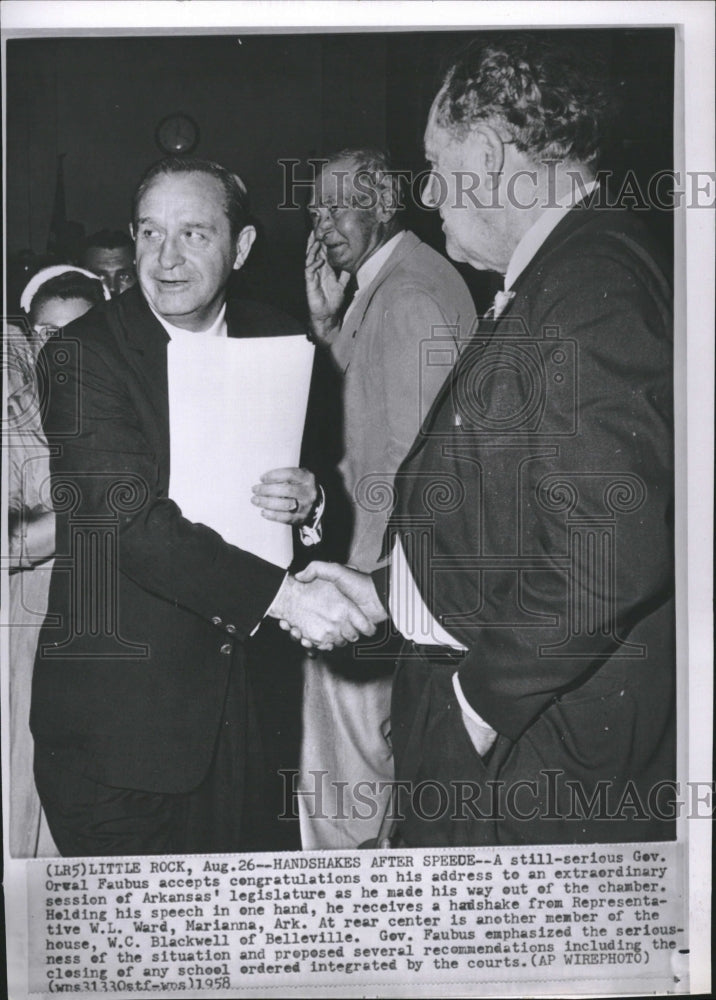 1958 Press Photo Orval Faubus Arkansas Chamber Congrats - Historic Images