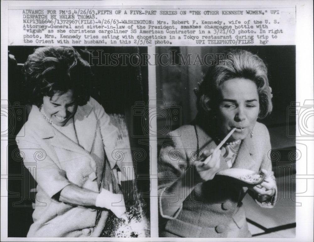 1963 Press Photo Mrs.Robert Kennedy Smashes Champagne. - RRV19171 - Historic Images