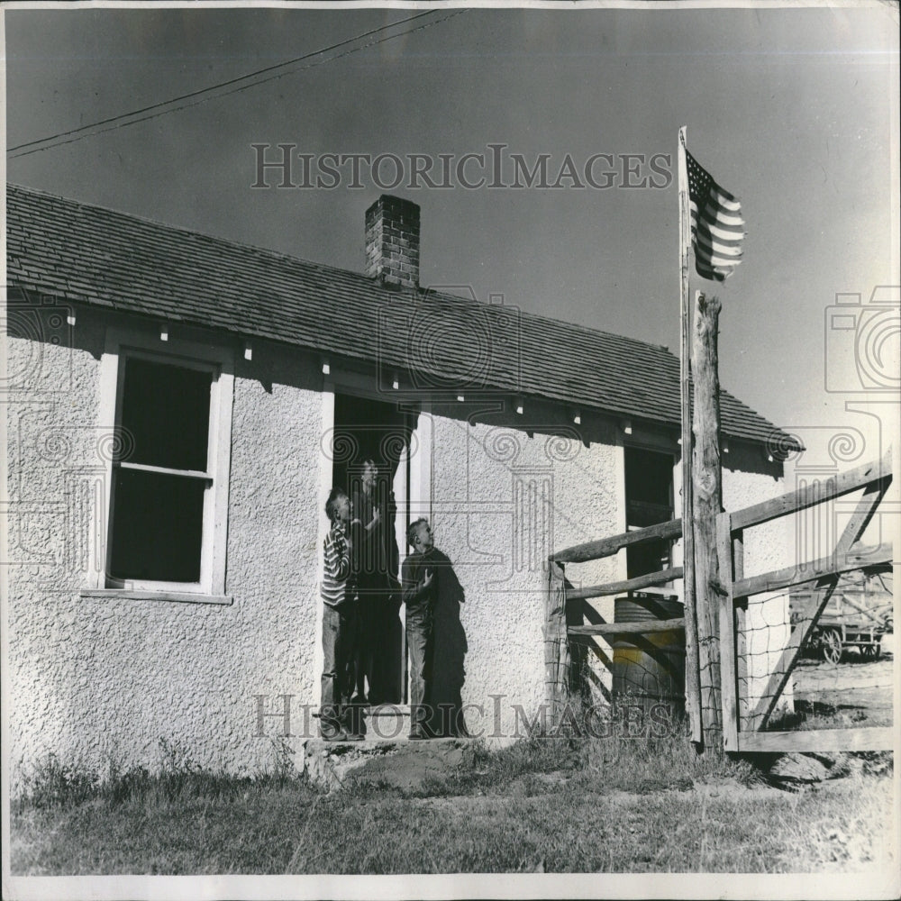 1950 Press Photo Teacher Boys School flag raise pledge - RRV28587 - Historic Images