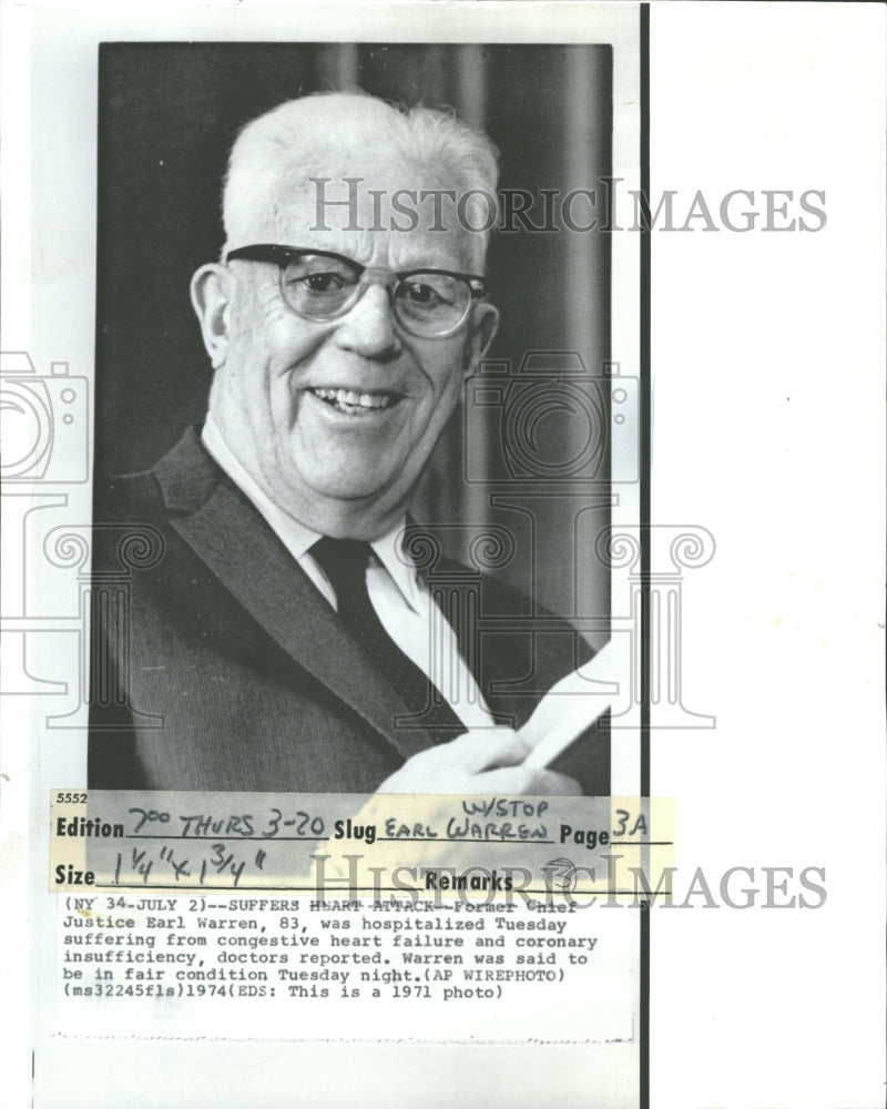 1974 Chief Justice Earl Warren Hospitalized - Historic Images