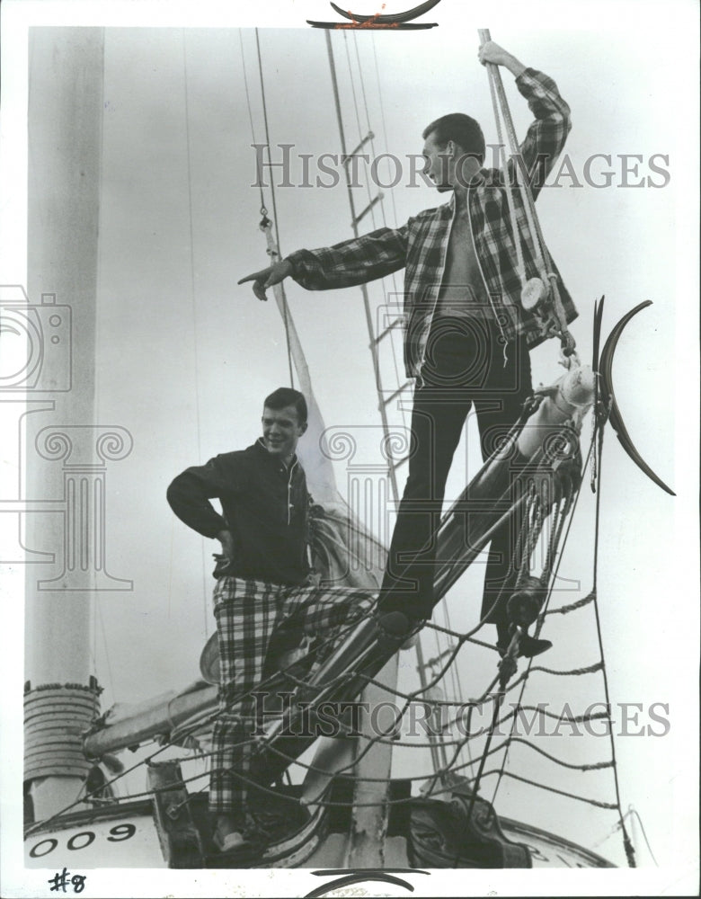 1966 Press Photo Flannel Pants Jacket Ship Rigging Men - Historic Images