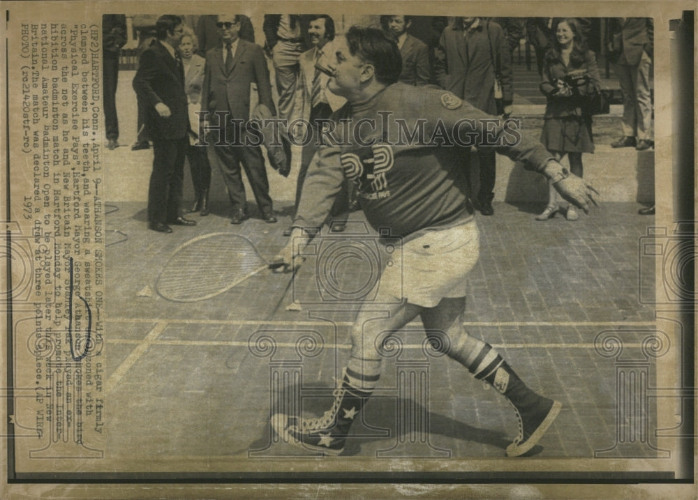 1973  Mayor George Athanson Plays Badminton - Historic Images