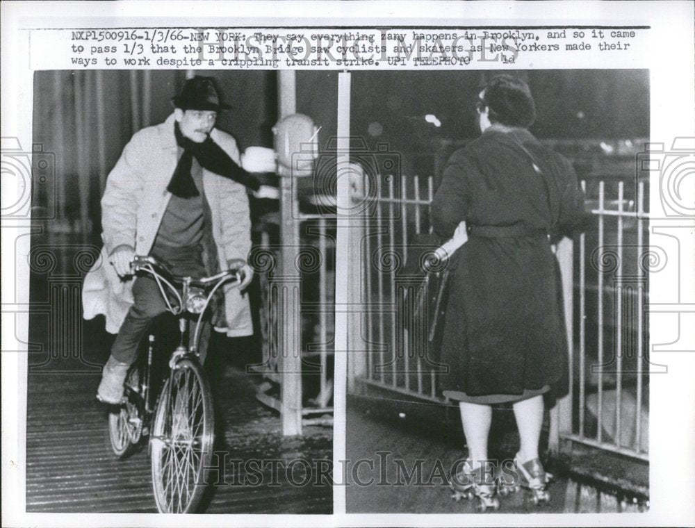 1966 Brooklyn Bridge cyclists Skaters made - Historic Images