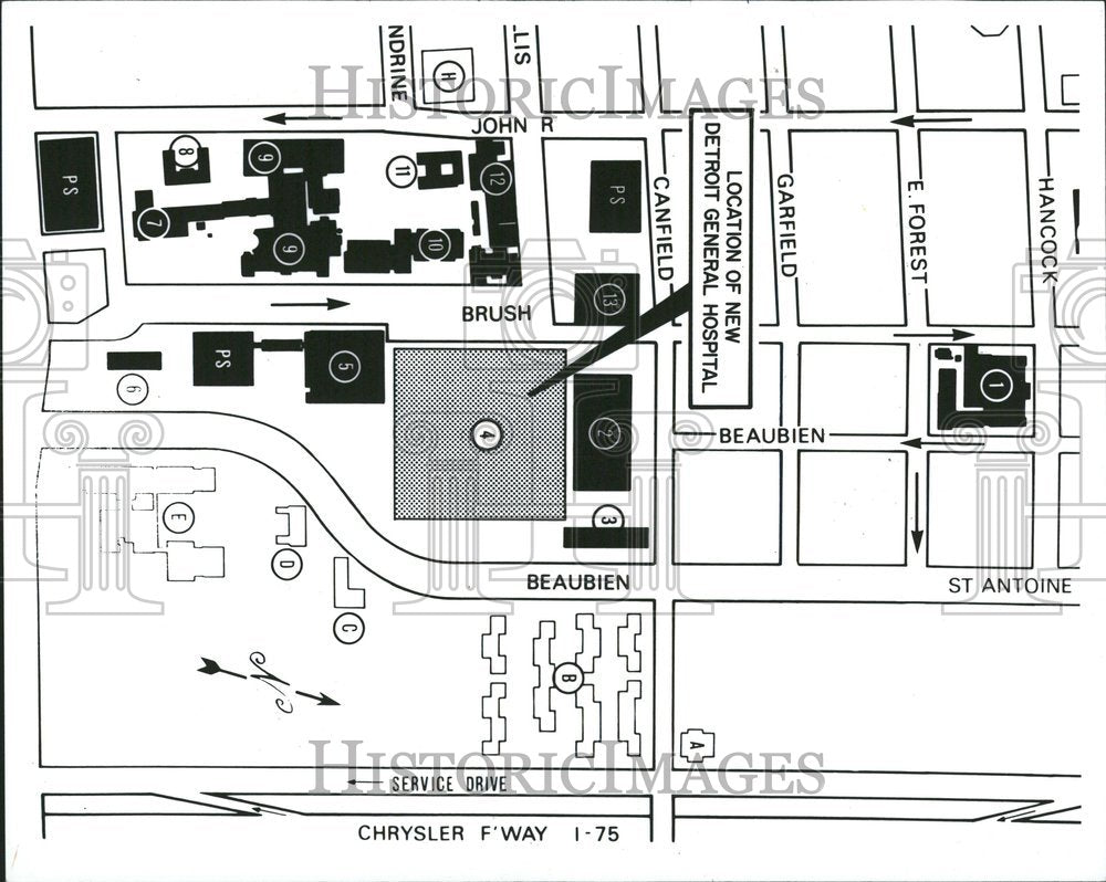 1973 Detroit General Hospital Map - Historic Images