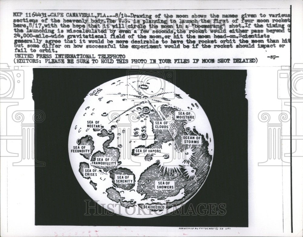 1958 Press Photo Moon Drawing Sections Labelled - Historic Images