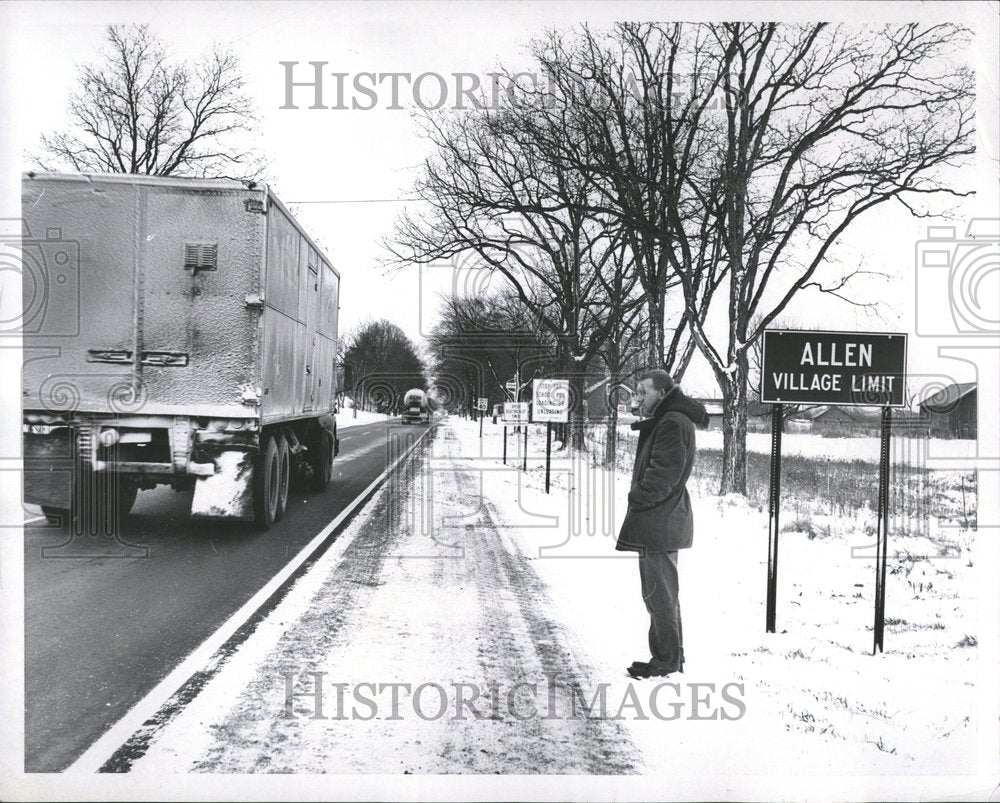 1960Allen Michigan Village Limit Sign/Snow - Historic Images