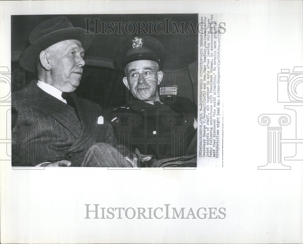 1951 Photo Gen. Omar Bradley Sits With Pres. Truman - Historic Images