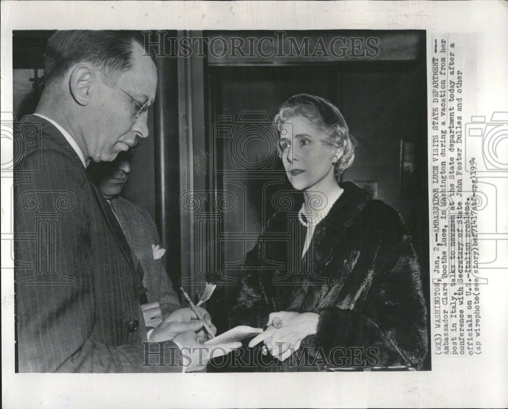 1954 Photo US Ambassador Of Italy Clare Boothe Luce - Historic Images