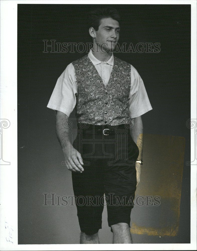 1989 Vest Blue cotton paisley short shirt-Historic Images