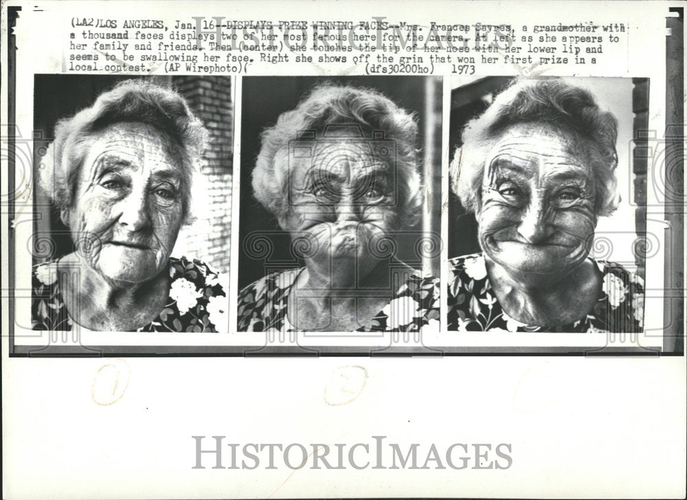 1973 Press Photo Elderly Woman Making Funny Faces - RRV58297 - Historic Images