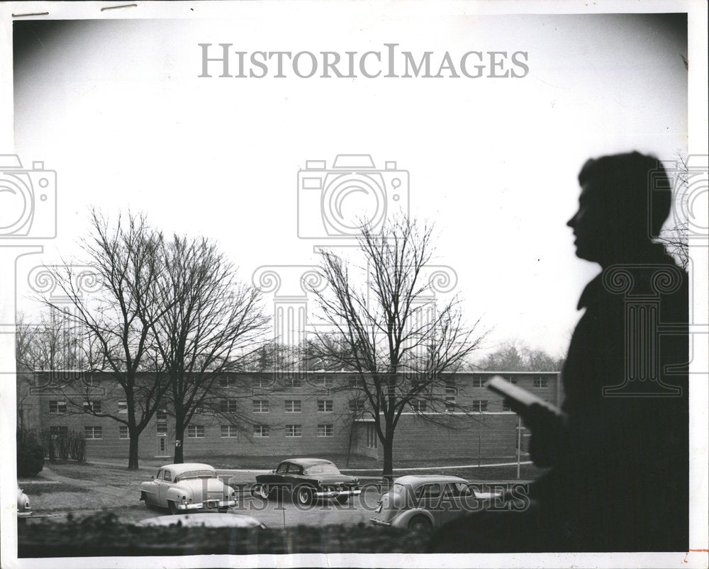 1956 Coed silhouetted women dormitory lake - Historic Images