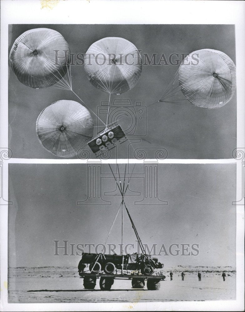 1955 Press Photo Parachutes turck pretty hard plane men - RRV68635 - Historic Images