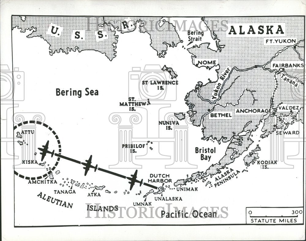 1942 World War II Alaskan Islands Map - Historic Images