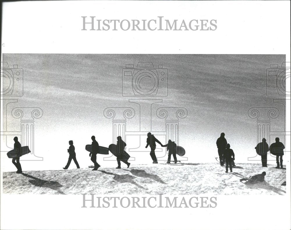 1985 Press Photo Hines Drive Sledding Michigan Hill Top - Historic Images