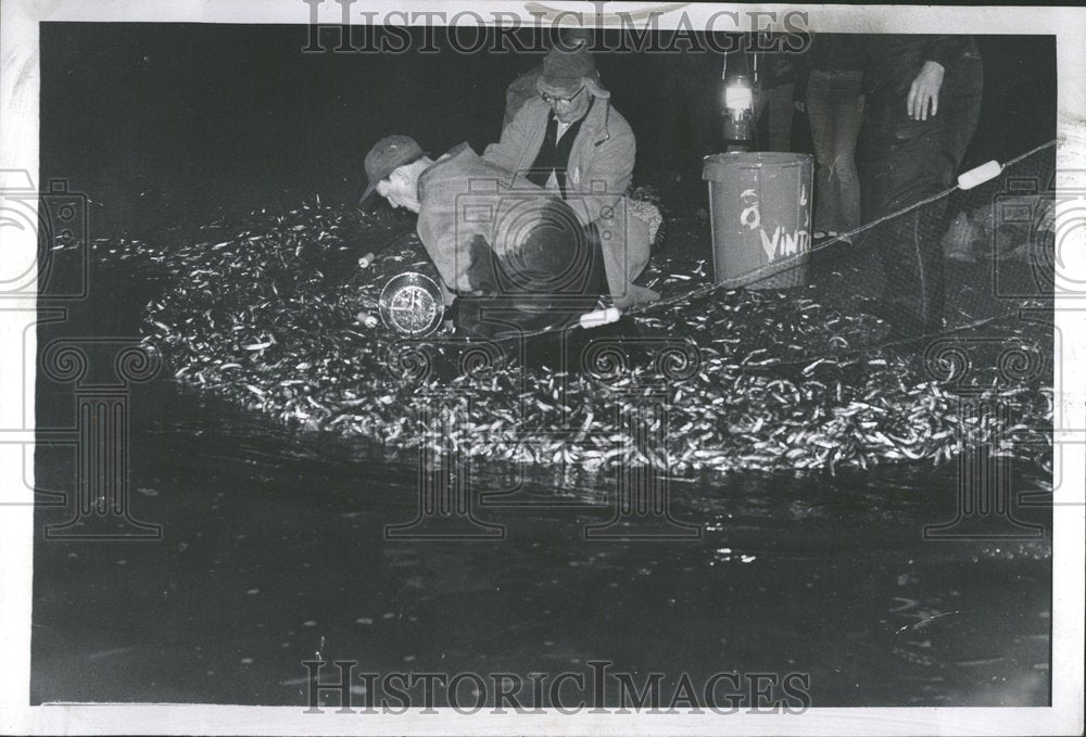 1973, Workers fishing Pilee Smelt river look - RRV92467 - Historic Images