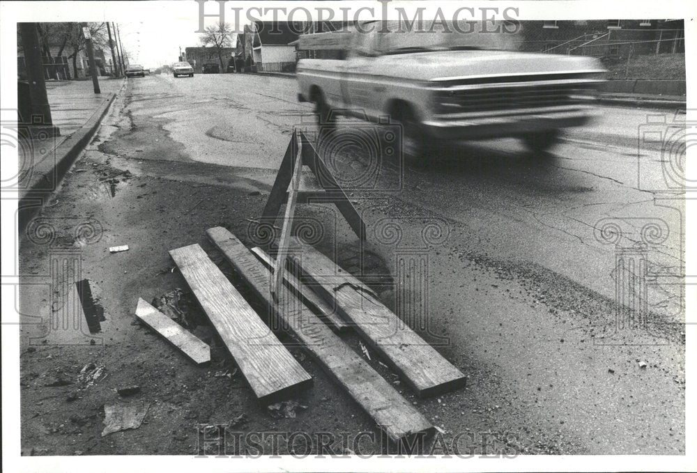 1979, pothole wooden planks barricade 51 St. - RRV94487 - Historic Images