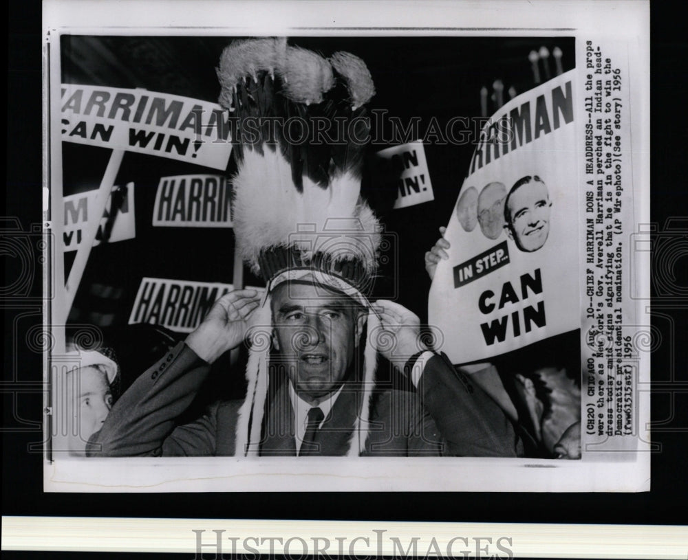 1956 Press Photo Chief Harriman Dons a Headdress - RRW02049 - Historic Images