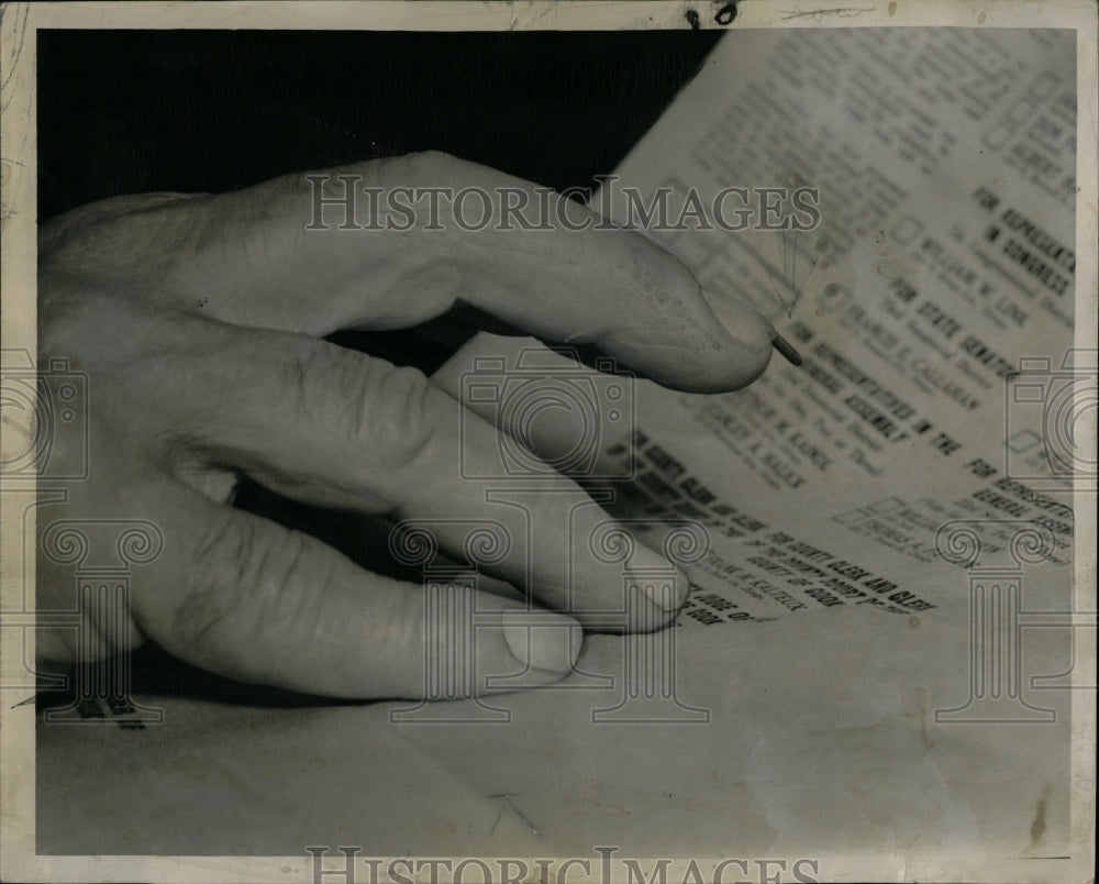 1946 Press Photo Fraudulent Ballots Lead Under Nail - RRW03517 - Historic Images