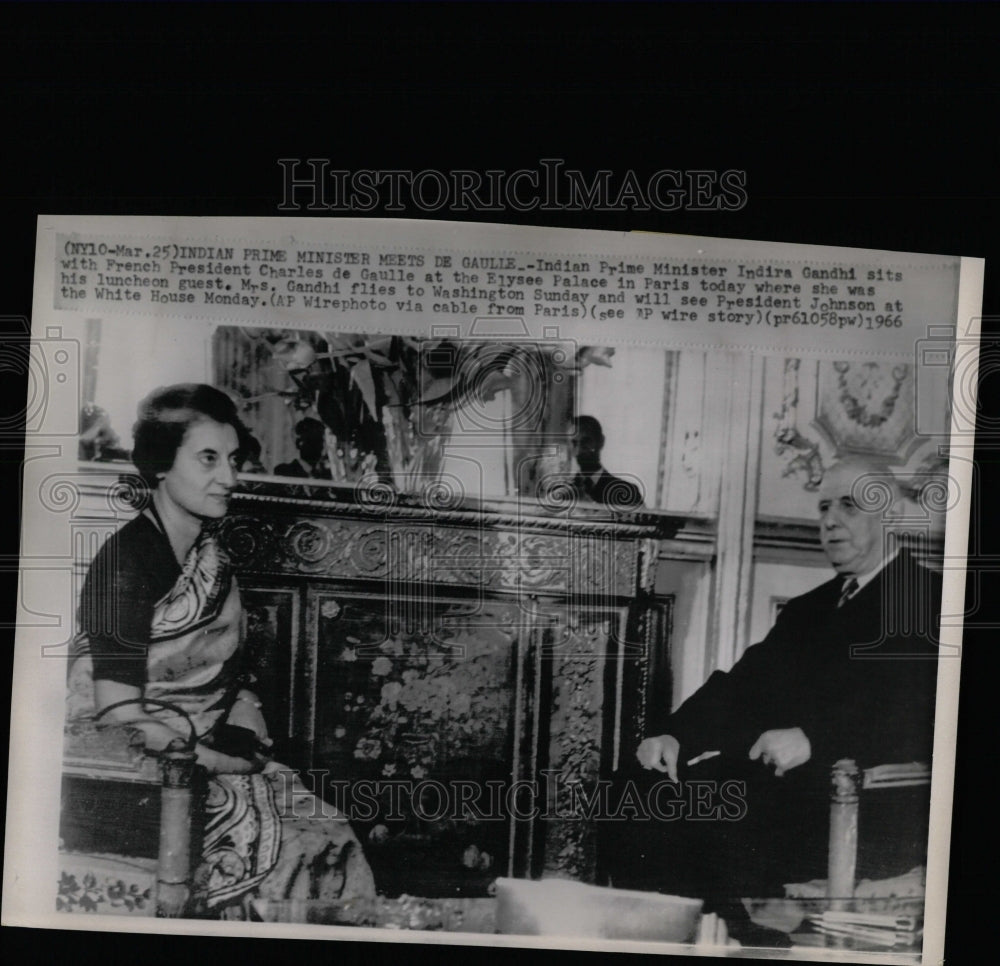 1966 Press Photo Indian PM Gandhi With Pres de Gaulle - RRW08117 - Historic Images