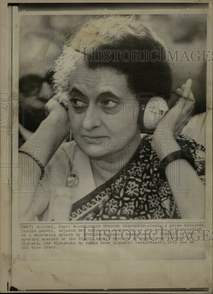 1973 Press Photo EarPhone Prime Minister Indira Gandhi - RRW12131 - Historic Images