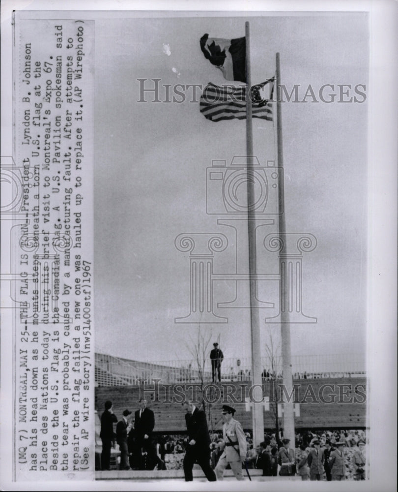 1967 Press Photo Lyndon Johnson US Flag Des Nation Torn - RRW15109 - Historic Images