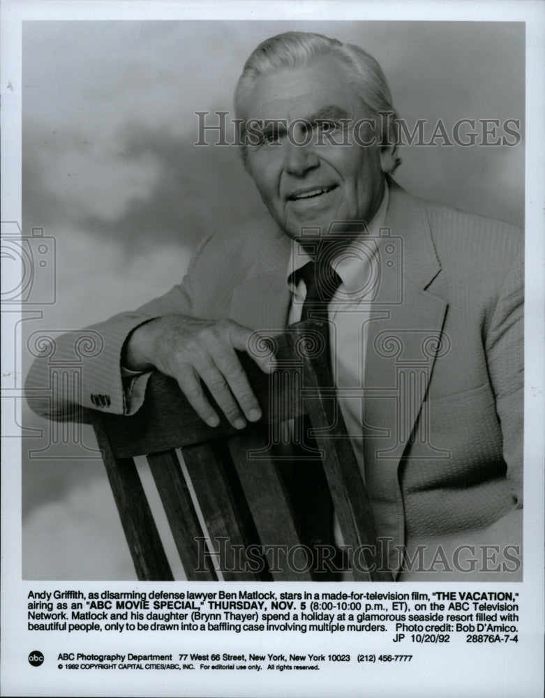 1992 Press Photo Vacation TV Matlock Film Griffith - RRW18919 - Historic Images