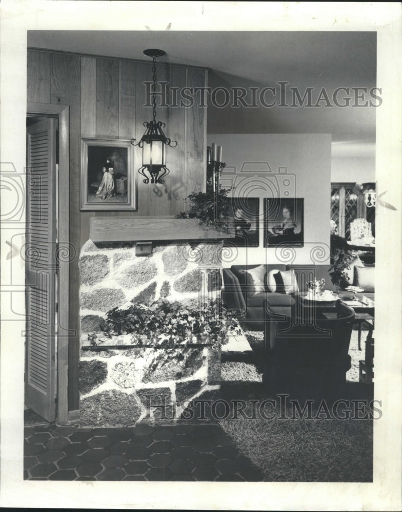 1970 Press Photo Birch Wood &amp; Stone Fireplace Wall - RRW34709 - Historic Images